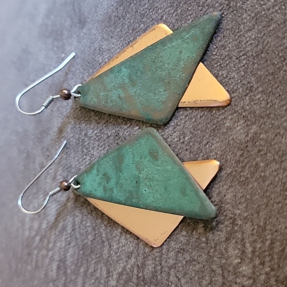 Copper Patina Geometric Dangle Hook Earrings - image 3